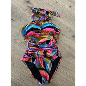 New La Blanca Tropic Waves Keyhole Multicolor One Piece Swimsuit Size 4